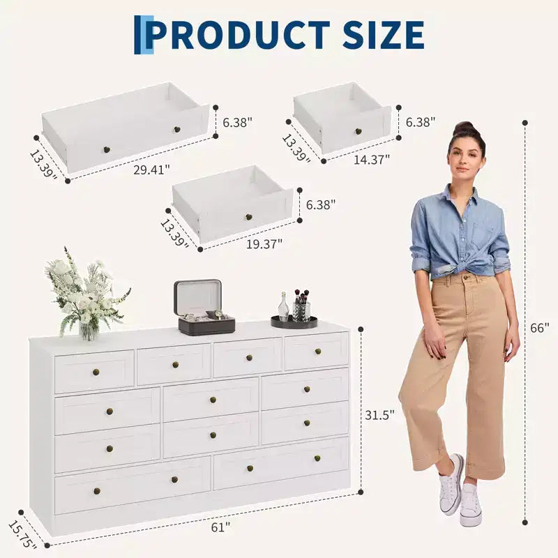 12 Drawers Wood Dressers for Bedroom, Wooden Chest of Drawers Clothes Storage Organizer for Living Room, Hallway, Modern Wide TV Stand Dresser