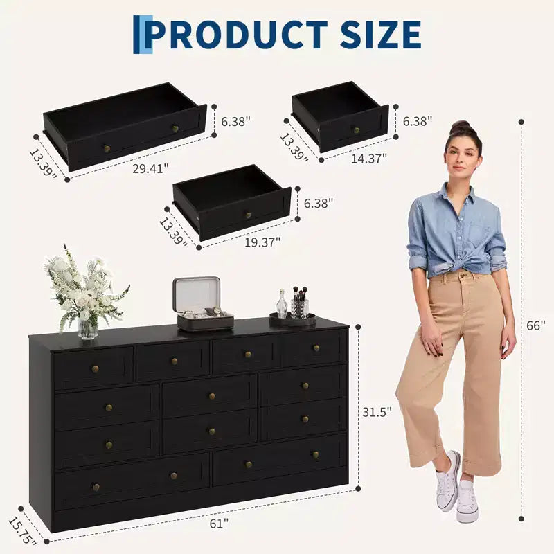 12 Drawers Wood Dressers for Bedroom, Wooden Chest of Drawers Clothes Storage Organizer for Living Room, Hallway, Modern Wide TV Stand Dresser