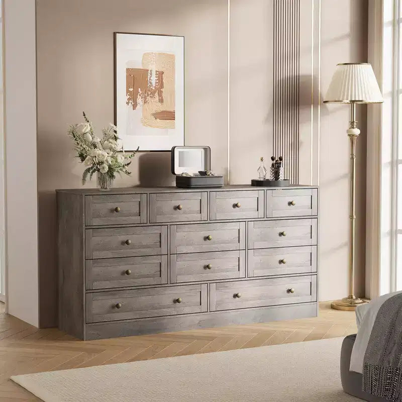 12 Drawers Wood Dressers for Bedroom, Wooden Chest of Drawers Clothes Storage Organizer for Living Room, Hallway, Modern Wide TV Stand Dresser