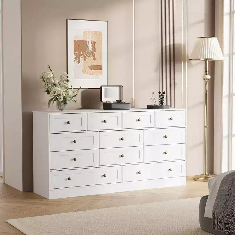 12 Drawers Wood Dressers for Bedroom, Wooden Chest of Drawers Clothes Storage Organizer for Living Room, Hallway, Modern Wide TV Stand Dresser