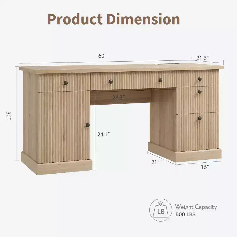 54 Executive Desk with Drawers, Fluted Home Office Desk with File Cabinet, Wooden Computer Writing Desk for Study, Conference Table for Living Room