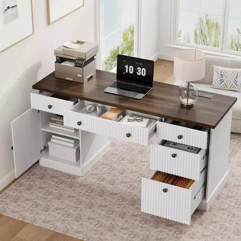 54 Executive Desk with Drawers, Fluted Home Office Desk with File Cabinet, Wooden Computer Writing Desk for Study, Conference Table for Living Room