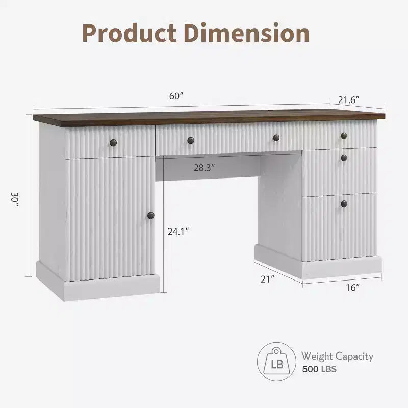 54 Executive Desk with Drawers, Fluted Home Office Desk with File Cabinet, Wooden Computer Writing Desk for Study, Conference Table for Living Room