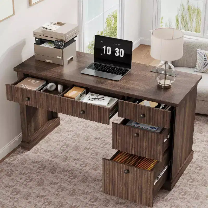 54 Executive Desk with Drawers, Fluted Home Office Desk with File Cabinet, Wooden Computer Writing Desk for Study, Conference Table for Living Room