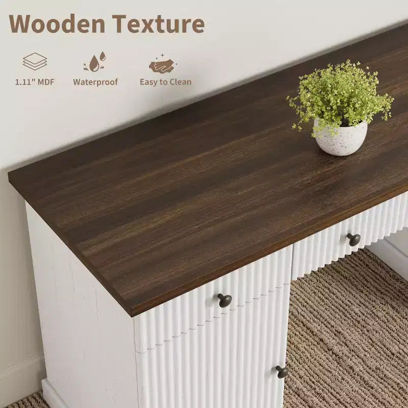 54 Executive Desk with Drawers, Fluted Home Office Desk with File Cabinet, Wooden Computer Writing Desk for Study, Conference Table for Living Room