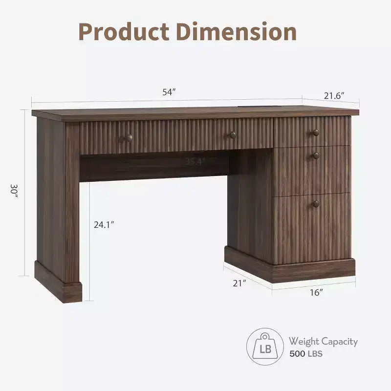 54 Executive Desk with Drawers, Fluted Home Office Desk with File Cabinet, Wooden Computer Writing Desk for Study, Conference Table for Living Room