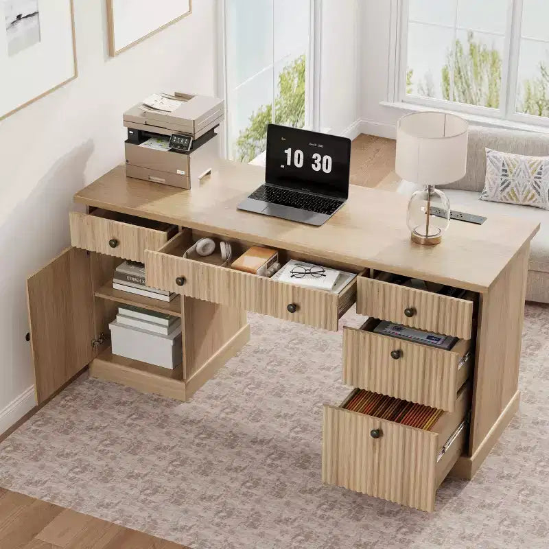 54 Executive Desk with Drawers, Fluted Home Office Desk with File Cabinet, Wooden Computer Writing Desk for Study, Conference Table for Living Room