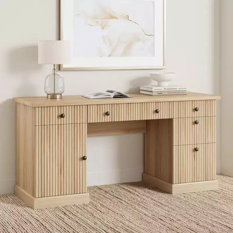 54 Executive Desk with Drawers, Fluted Home Office Desk with File Cabinet, Wooden Computer Writing Desk for Study, Conference Table for Living Room