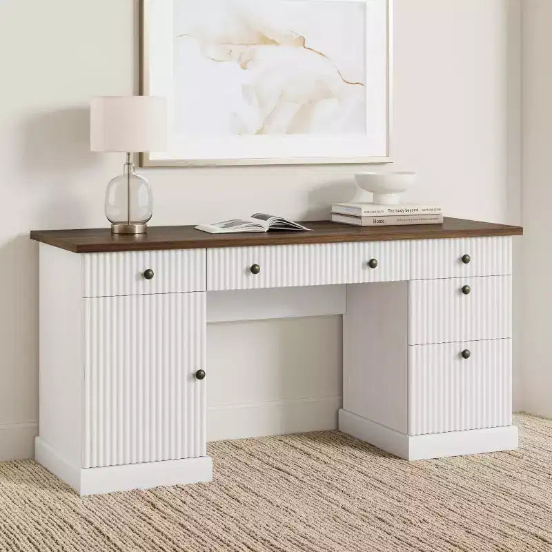 54 Executive Desk with Drawers, Fluted Home Office Desk with File Cabinet, Wooden Computer Writing Desk for Study, Conference Table for Living Room