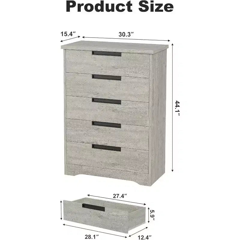 Modern 5-Drawer Dresser in Gray - Recessed Handles, Spacious Storage for Bedroom Nursery Entryway