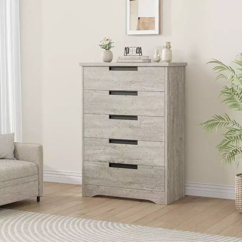 Modern 5-Drawer Dresser in Gray - Recessed Handles, Spacious Storage for Bedroom Nursery Entryway