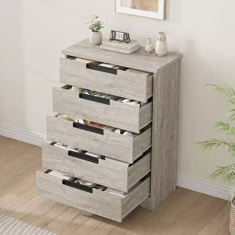 Modern 5-Drawer Dresser in Gray - Recessed Handles, Spacious Storage for Bedroom Nursery Entryway