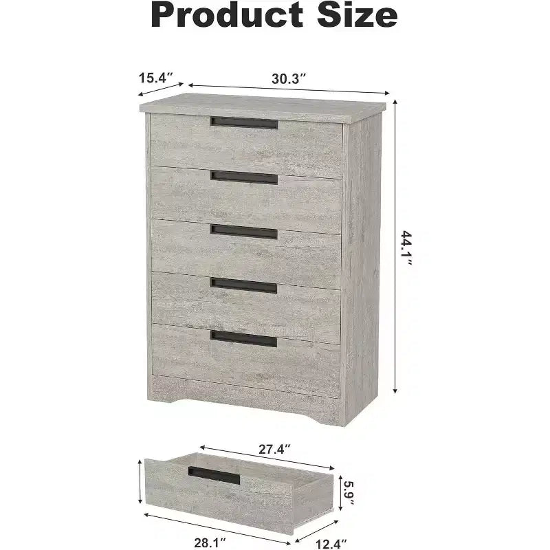 Modern 5-Drawer Dresser in Gray - Recessed Handles, Spacious Storage for Bedroom Nursery Entryway