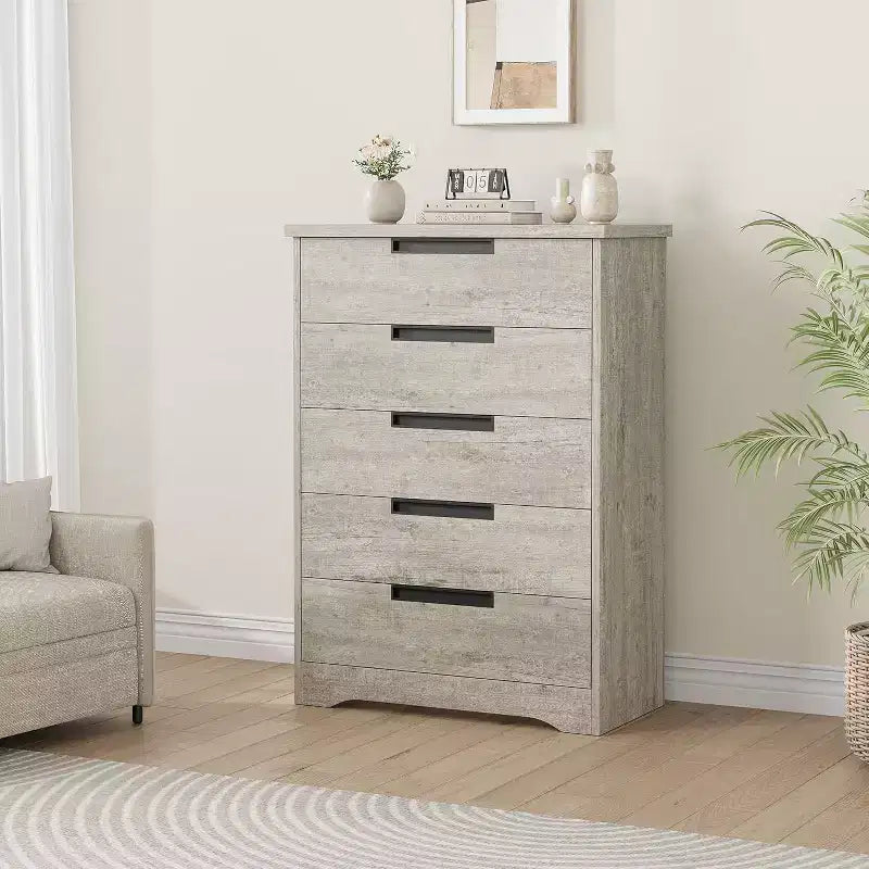 Modern 5-Drawer Dresser in Gray - Recessed Handles, Spacious Storage for Bedroom Nursery Entryway