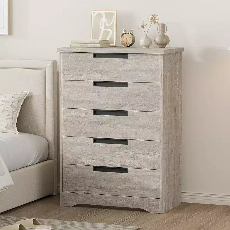Modern 5-Drawer Dresser in Gray - Recessed Handles, Spacious Storage for Bedroom Nursery Entryway