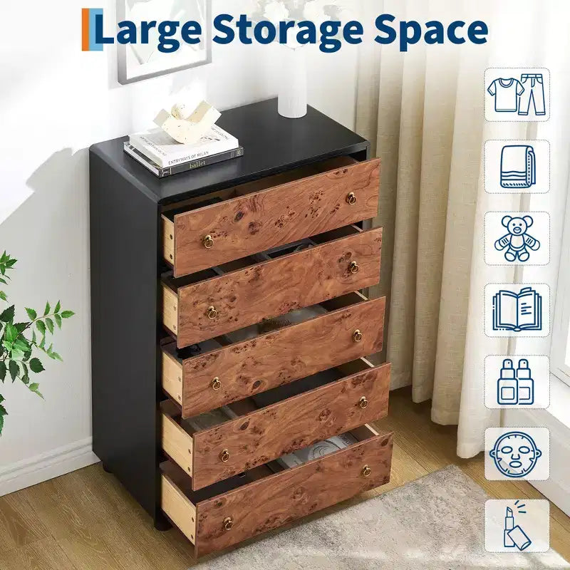 5 Drawer Dresser for Bedroom,Storage Organizer with Double Rustic Handle,Wooden Dresser TV Stand,Chest of Drawers for Closet,Living Room,Hallway