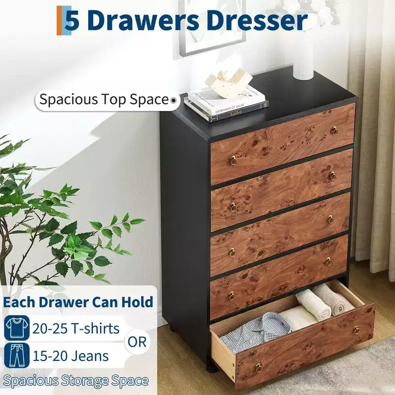 5 Drawer Dresser for Bedroom,Storage Organizer with Double Rustic Handle,Wooden Dresser TV Stand,Chest of Drawers for Closet,Living Room,Hallway