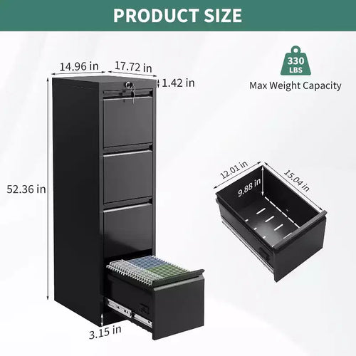 4-Drawer Vertical File Cabinet with Lock, Metal Filing Cabinet for Home Office, A4/Letter/Legal Hanging Files
