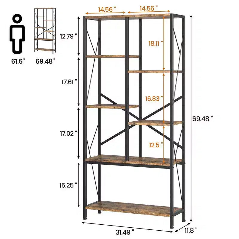 Industrial Bookshelf, Split Level Vintage Storage Bookcase Tall Standing Metal Frame Open Display Racks for Bedroom, Living Room