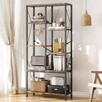 Industrial Bookshelf, Split Level Vintage Storage Bookcase Tall Standing Metal Frame Open Display Racks for Bedroom, Living Room