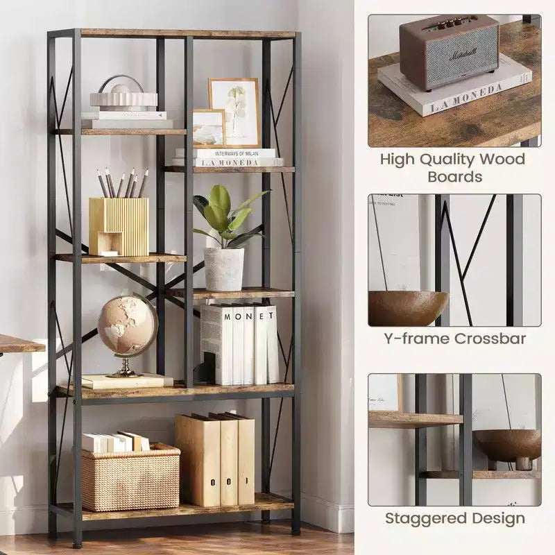 Industrial Bookshelf, Split Level Vintage Storage Bookcase Tall Standing Metal Frame Open Display Racks for Bedroom, Living Room