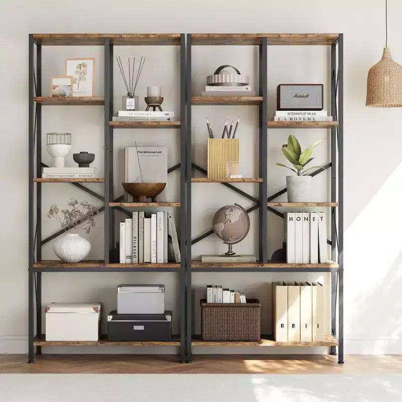 Industrial Bookshelf, Split Level Vintage Storage Bookcase Tall Standing Metal Frame Open Display Racks for Bedroom, Living Room