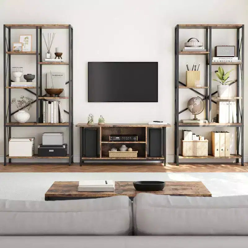 Industrial Bookshelf, Split Level Vintage Storage Bookcase Tall Standing Metal Frame Open Display Racks for Bedroom, Living Room