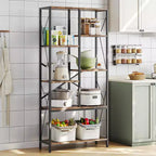 Industrial Bookshelf, Split Level Vintage Storage Bookcase Tall Standing Metal Frame Open Display Racks for Bedroom, Living Room
