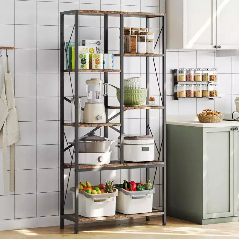 Industrial Bookshelf, Split Level Vintage Storage Bookcase Tall Standing Metal Frame Open Display Racks for Bedroom, Living Room