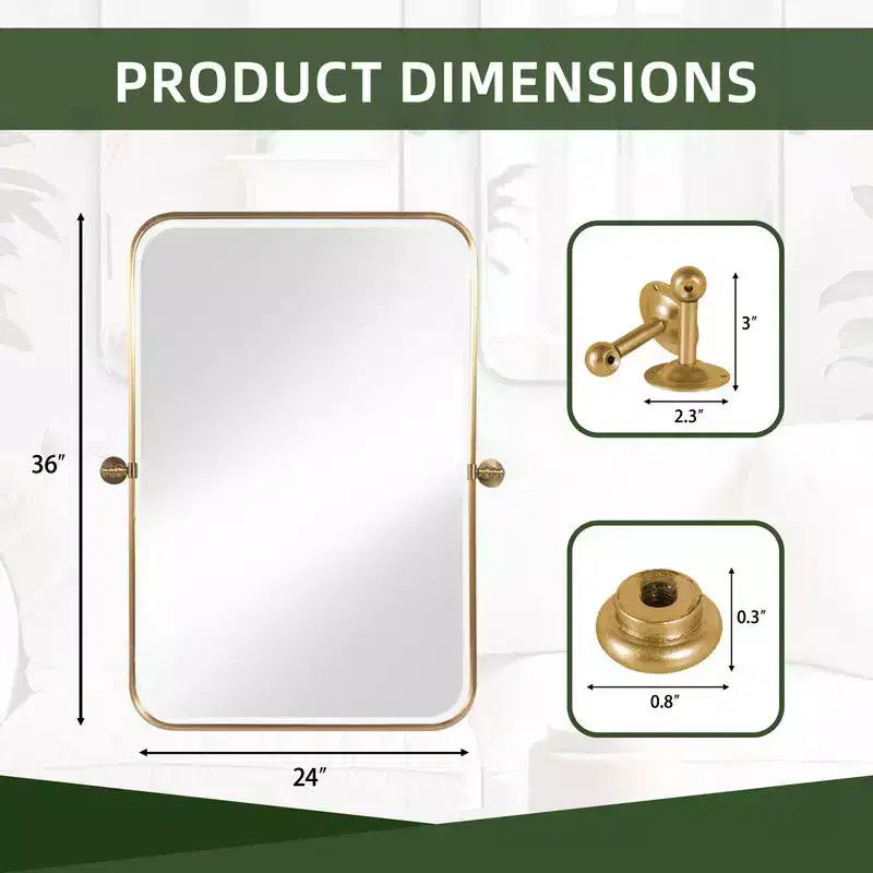 36 x 24 Iron Rectangle Gold Pivot Wall Mirror Tilting Bathroom Vanity Mirror Metal Framed Adjustable Two-way mirror for Bedroom Living Room