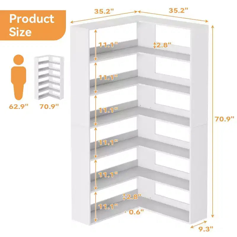Corner Bookshelf, 6-Tier Corner Shelf l Shaped Bookshelf with Baffles,Wood Bookcase