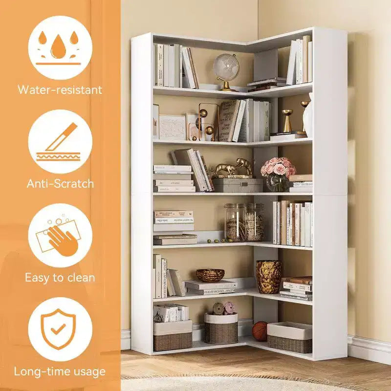 Corner Bookshelf, 6-Tier Corner Shelf l Shaped Bookshelf with Baffles,Wood Bookcase