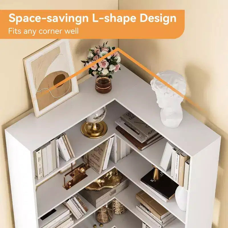Corner Bookshelf, 6-Tier Corner Shelf l Shaped Bookshelf with Baffles,Wood Bookcase