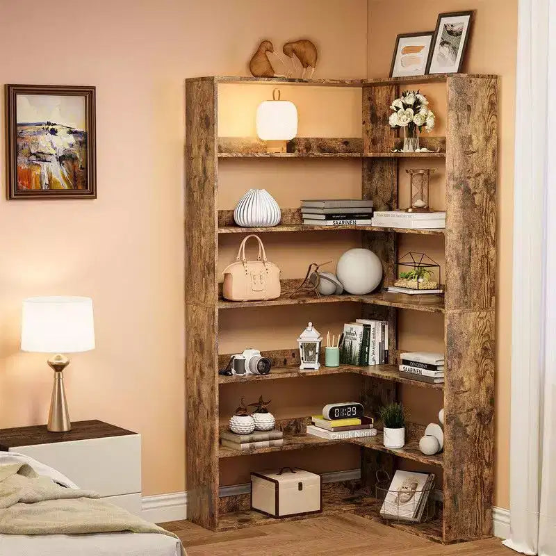 Corner Bookshelf, 6-Tier Corner Shelf l Shaped Bookshelf with Baffles,Wood Bookcase