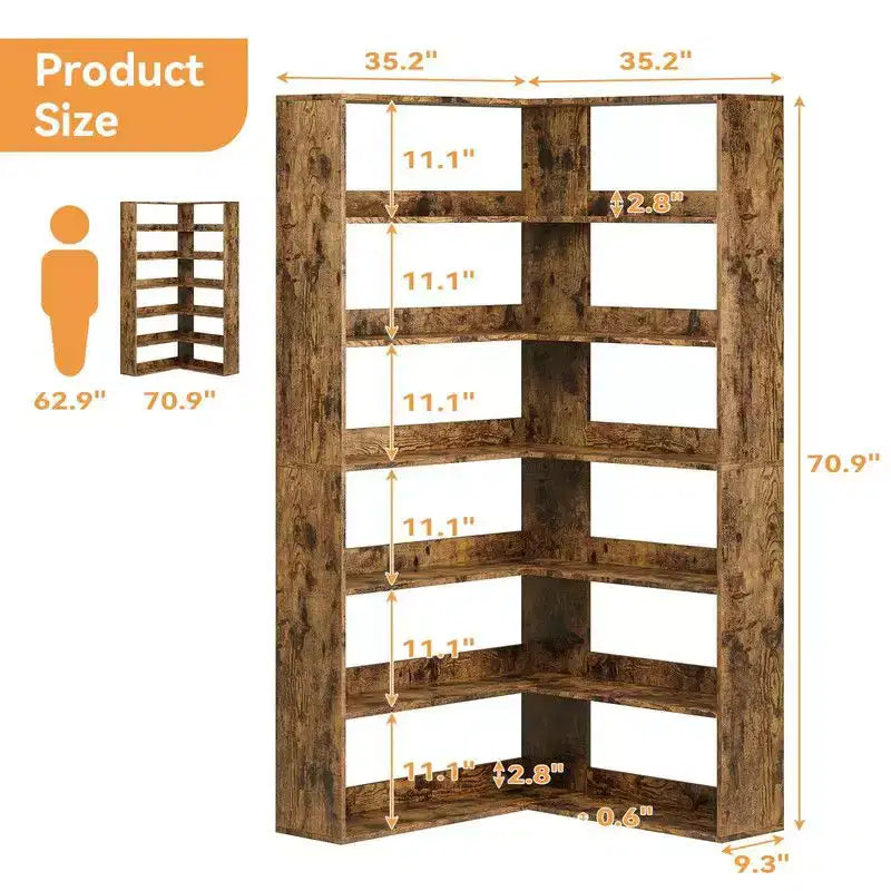 Corner Bookshelf, 6-Tier Corner Shelf l Shaped Bookshelf with Baffles,Wood Bookcase