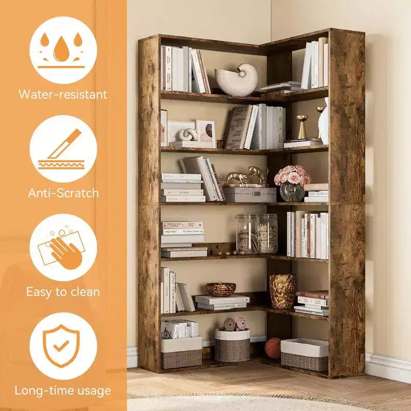 Corner Bookshelf, 6-Tier Corner Shelf l Shaped Bookshelf with Baffles,Wood Bookcase