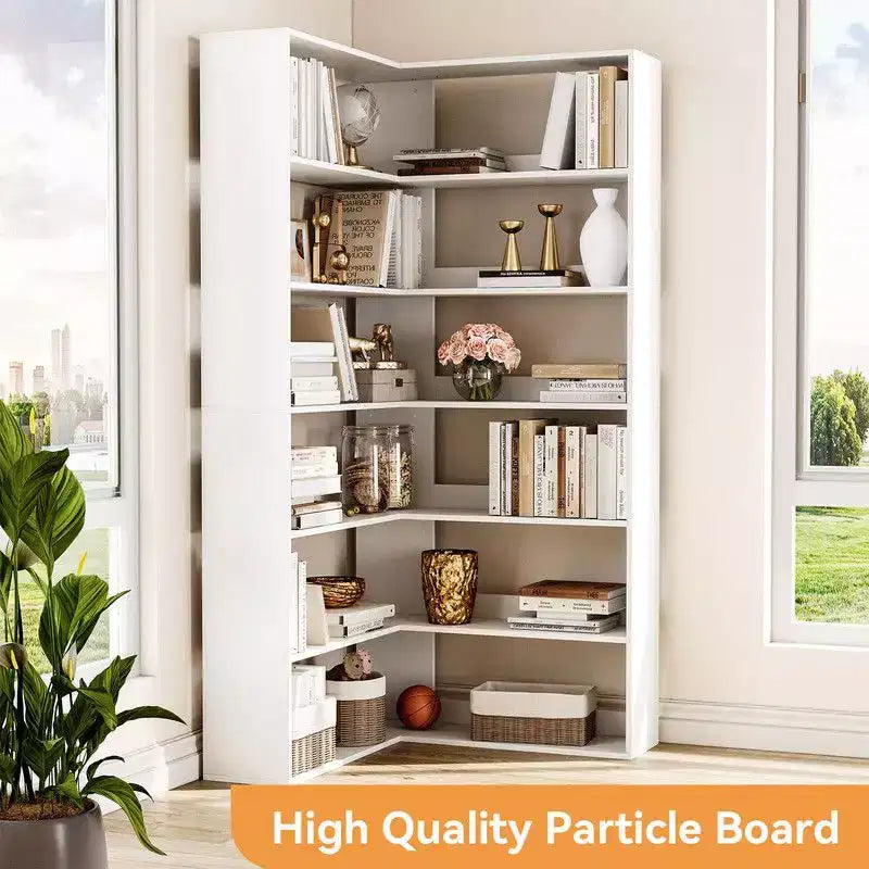 Corner Bookshelf, 6-Tier Corner Shelf l Shaped Bookshelf with Baffles,Wood Bookcase
