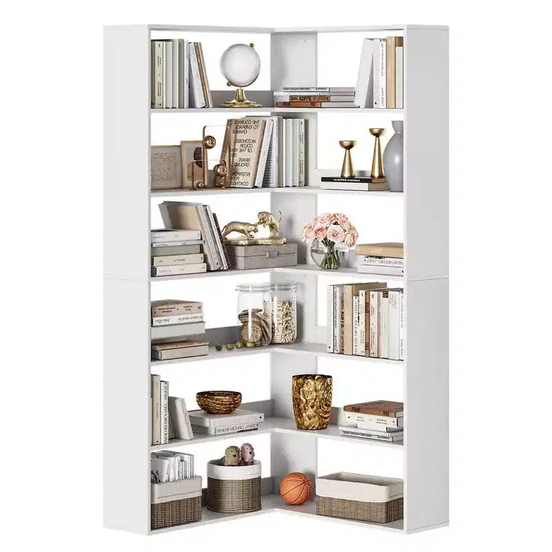Corner Bookshelf, 6-Tier Corner Shelf l Shaped Bookshelf with Baffles,Wood Bookcase