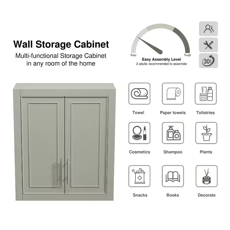 Bathroom Storage Cabinet Wooden Wall-Mounted Cabinets for Home, Small Space, Gray, 26*22*