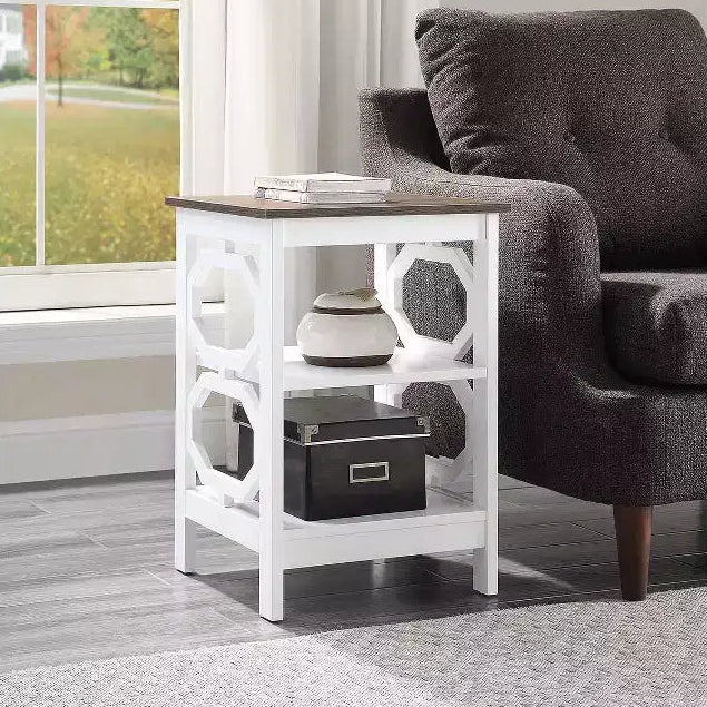 HomeStock Belmont End Table with Octagon Cut Out Panels and Three Tier Shelves, Sleek Geometric Design Accent Table for Living Room Storage Dcor