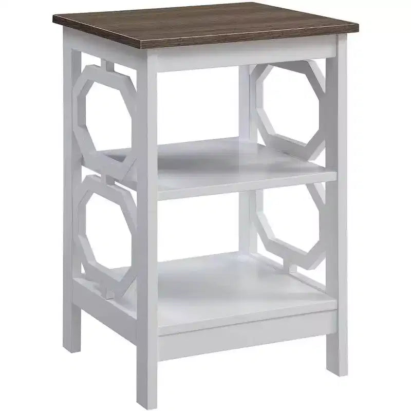 End Table with Octagon Cut Out Panels and Three Tier Shelves, Sleek Geometric Design Accent Table for Living Room Storage Dcor