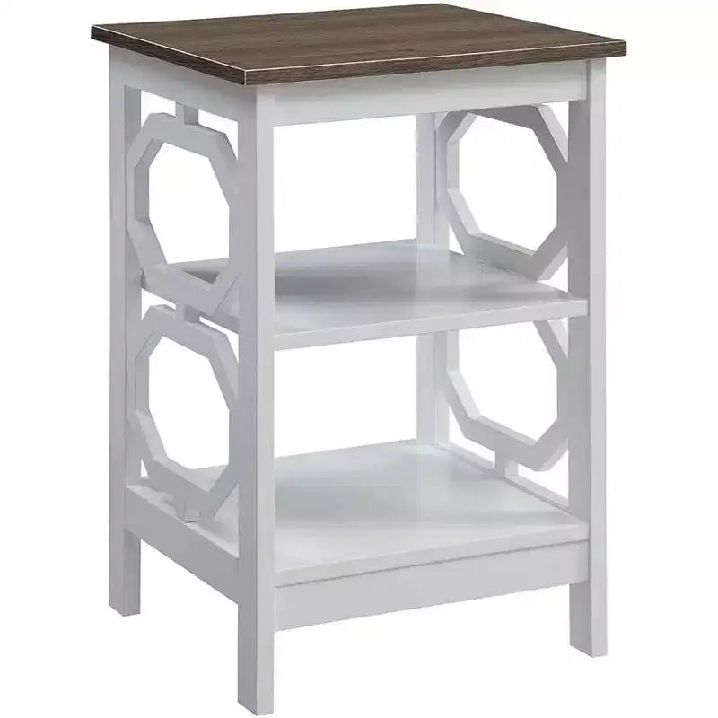 End Table with Octagon Cut Out Panels and Three Tier Shelves, Sleek Geometric Design Accent Table for Living Room Storage Dcor