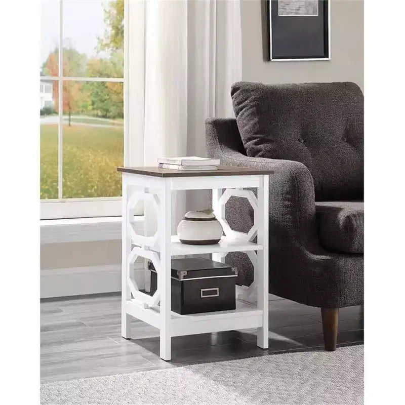 End Table with Octagon Cut Out Panels and Three Tier Shelves, Sleek Geometric Design Accent Table for Living Room Storage Dcor