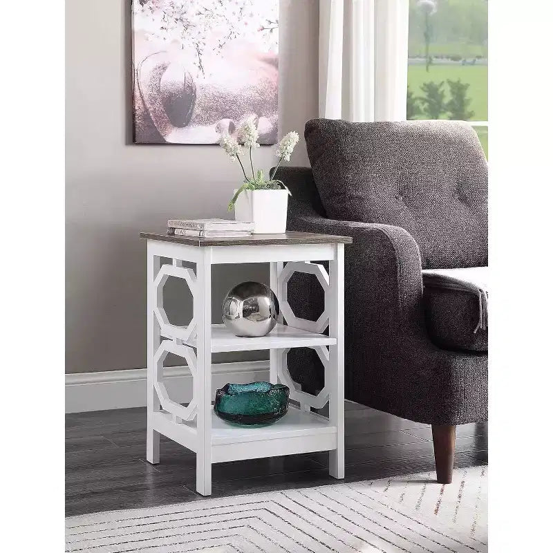 End Table with Octagon Cut Out Panels and Three Tier Shelves, Sleek Geometric Design Accent Table for Living Room Storage Dcor