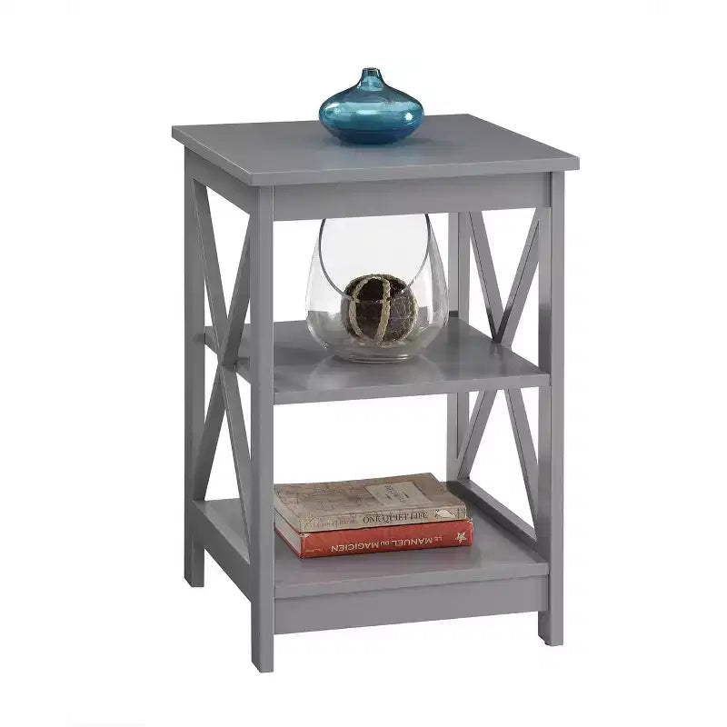 End Table with Three Shelves and X Frame Sides
