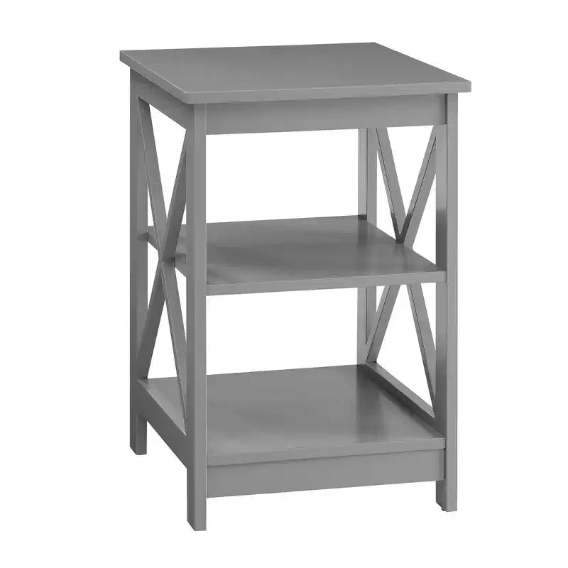 End Table with Three Shelves and X Frame Sides