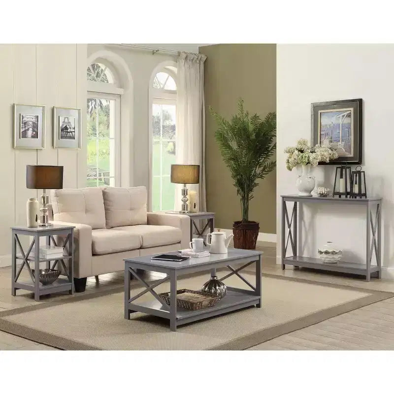 End Table with Three Shelves and X Frame Sides