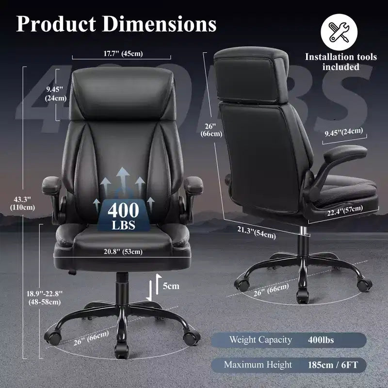 Leather Office Chair, Big and Tall Office Chair Executive Breathable PU Computer Chair with Lumbar Support, Black