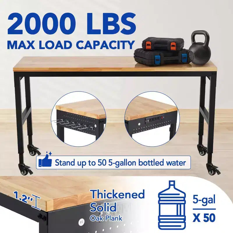 75 x 25 Adjustable Workbench, 2000 Lbs Heavy-Duty Work Table with Wheels & Power Outlet, Garage Workshop Multi-Purpose Table
