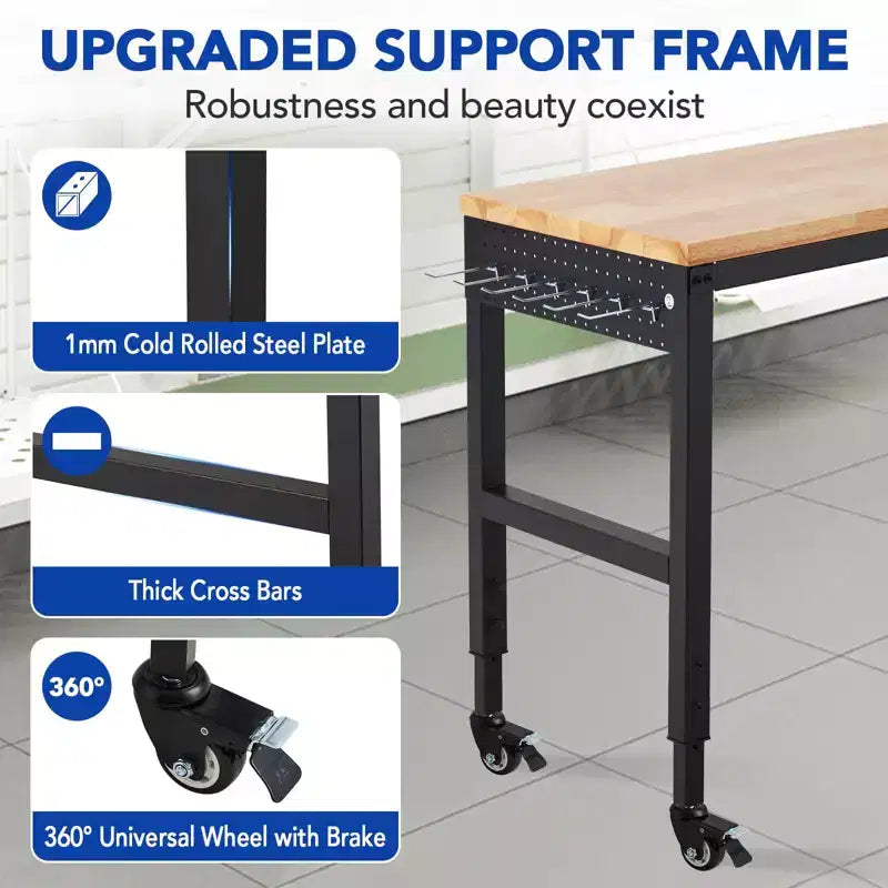 75 x 25 Adjustable Workbench, 2000 Lbs Heavy-Duty Work Table with Wheels & Power Outlet, Garage Workshop Multi-Purpose Table